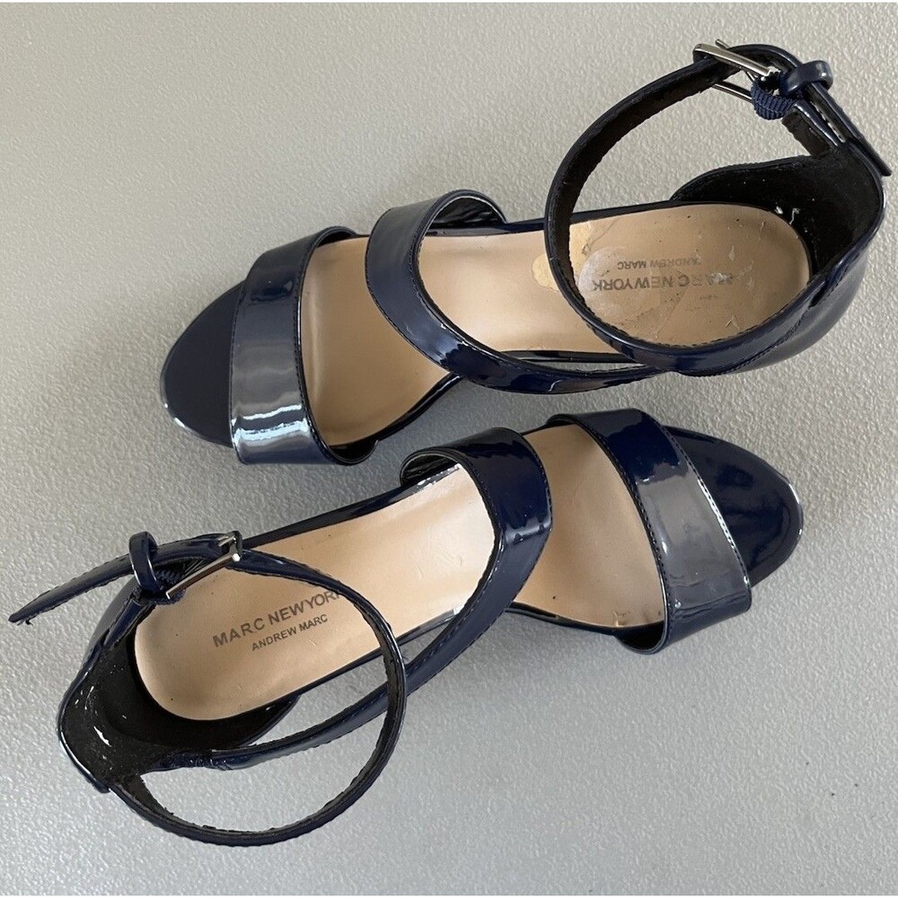 Marc New York Patent Leather Strappy Ankle Buckle Heeled Sandals 8.5M Navy Blue - Picture 2 of 10
